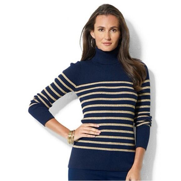 LAUREN RALPH LAUREN LOGO Navy Gold Metallic Stripe Cotton Blend Ribbed Sweater L - Picture 1 of 9